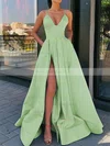 A-line V-neck Satin Sweep Train Pockets Prom Dresses Sale #sale020106839