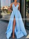 A-line V-neck Satin Sweep Train Pockets Prom Dresses Sale #sale020106839