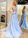 A-line Square Neckline Tulle Sweep Train Appliques Lace Prom Dresses Sale #sale020106840