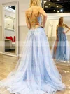 A-line Square Neckline Tulle Sweep Train Appliques Lace Prom Dresses Sale #sale020106840