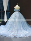 Ball Gown Off-the-shoulder Tulle Sweep Train Flower(s) Prom Dresses Sale #sale020107457
