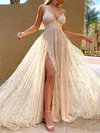 A-line V-neck Lace Tulle Sweep Train Split Front Prom Dresses Sale #sale020107847