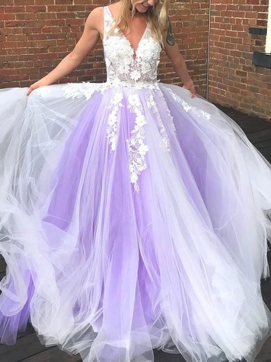 A-line V-neck Lace Tulle Sweep Train Appliques Lace Prom Dresses Sale #sale020107932