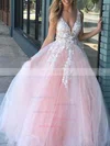 A-line V-neck Lace Tulle Sweep Train Appliques Lace Prom Dresses Sale #sale020107932