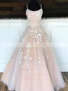 A-line Scoop Neck Tulle Sweep Train Appliques Lace Prom Dresses Sale #sale020107990