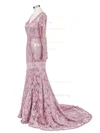 Dark Navy Lace V-neck Trumpet/Mermaid New Long Sleeves Prom Dress Sale #sale02019085