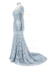 Dark Navy Lace V-neck Trumpet/Mermaid New Long Sleeves Prom Dress Sale #sale02019085