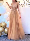 Ball Gown/Princess Floor-length V-neck Tulle Sequins Prom Dresses #Milly020108001