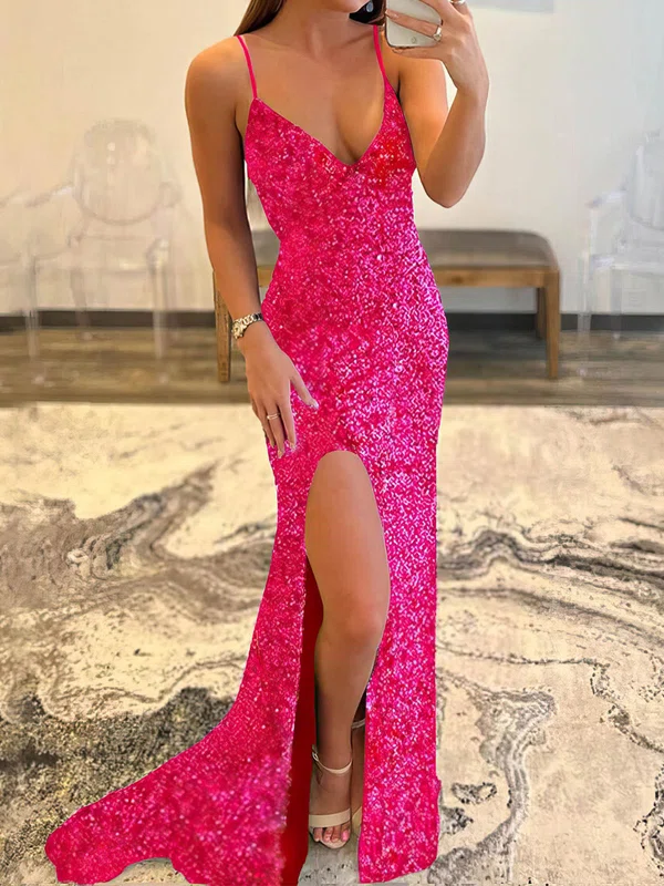 Sheath/Column Sweep Train V-neck Velvet Sequins Split Front Prom Dresses #Milly020108003