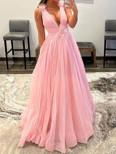 Ball Gown V-neck Tulle 3D Floral Prom Dresses With Ruched #Milly020108006