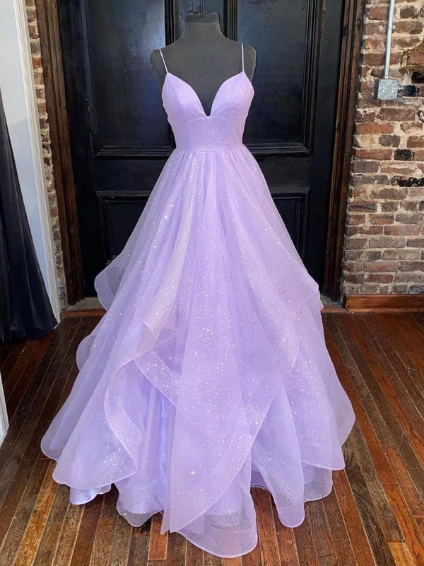 Princess V-neck Glitter Sweep Train Cascading Ruffles Prom Dresses #Milly020108037