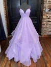 Princess V-neck Glitter Sweep Train Cascading Ruffles Prom Dresses #Milly020108037