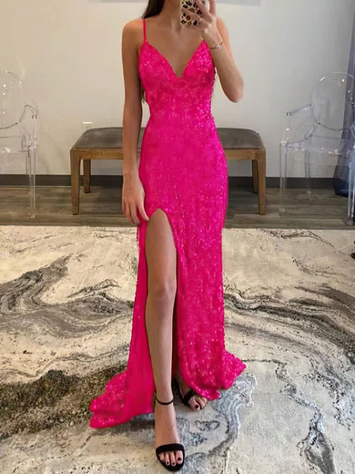 Sheath/Column V-neck Sequined Floor-length Prom Dresses With Split Front S020108015