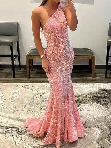 Sheath/Column One Shoulder Velvet Sequins Floor-length Prom Dresses S020108016
