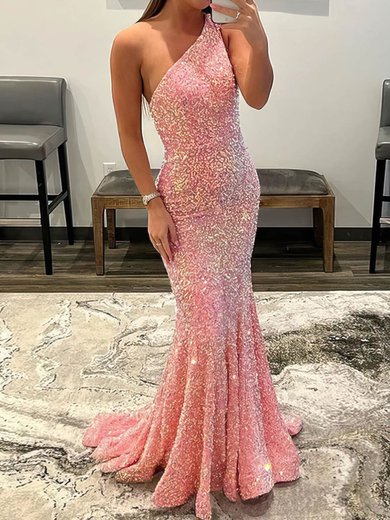 Sheath/Column One Shoulder Sparkly Velvet Sequin Prom Dresses #Milly020108016