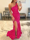 Trumpet/Mermaid One Shoulder Sequined Sweep Train Split Front Prom Dresses #Milly020108018