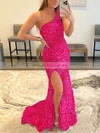 Trumpet/Mermaid One Shoulder Sequined Sweep Train Split Front Prom Dresses #Milly020108018
