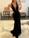 Black Mermaid V-neck Backless Tulle Prom Dresses With Appliques #Milly020108020