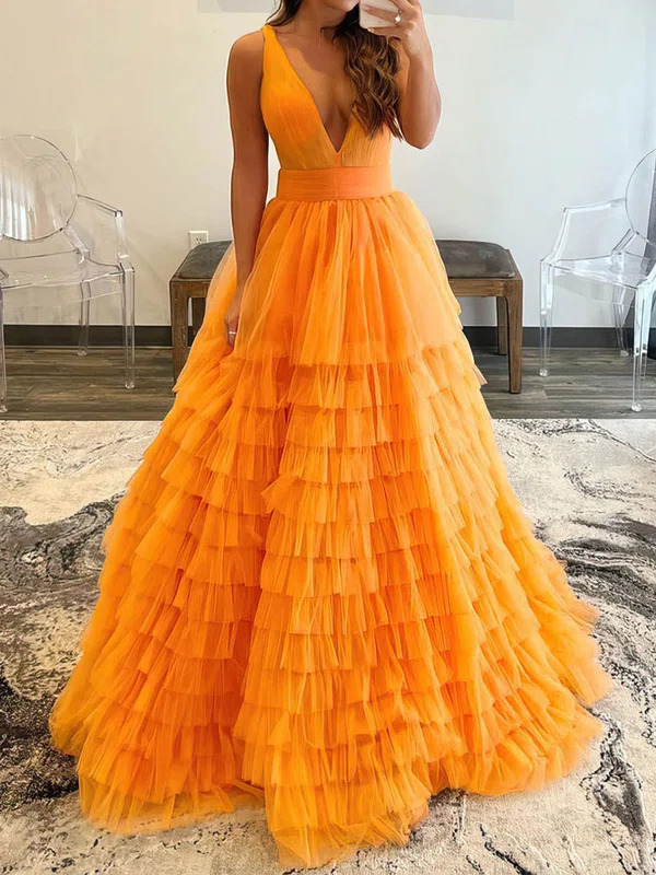 Ball Gown V-neck Tulle Ruffle Tiered Prom Dresses #Milly020108021
