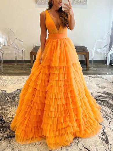 Ball Gown V-neck Tulle Ruffle Tiered Prom Dresses #Milly020108021