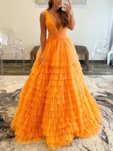 Ball Gown/Princess Floor-length V-neck Tulle Tiered Prom Dresses #Milly020108021