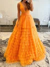 Ball Gown V-neck Tulle Ruffle Tiered Prom Dresses #Milly020108021