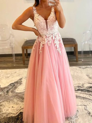 A-line V-neck Tulle Floor-length Prom Dresses With Beading #Milly020108025