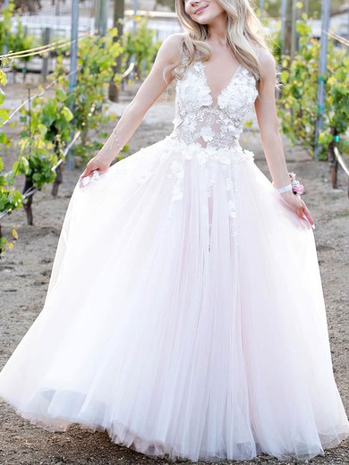 A-line V-neck Tulle Floor-length Appliques Lace Prom Dresses #Milly020108026