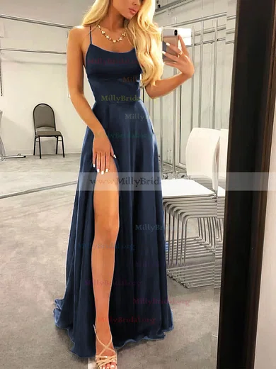 A-line Cowl Neck Sleeveless Sweep Train Silk like Satin Prom Dress with  Beading Pleated Split S7835P - Prom Dresses - Stacees