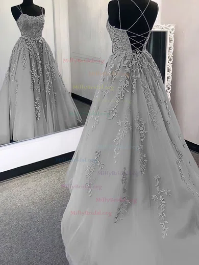 Gray Scoop Tulle Prom Dresses, V-Back Lace Prom Dresses, Bridesmaid Dress