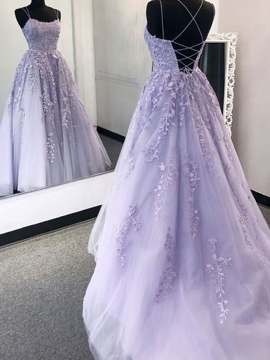 Ball Gown/Princess Scoop Neck Tulle Sweep Train Prom Dresses With Appliques Lace S020108029
