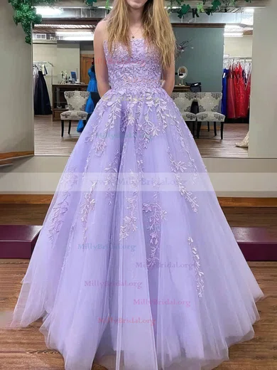 Ball Gown Scoop Neck Tulle Sweep Train Appliques Lace Prom Dresses