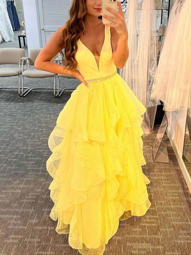 Ball Gown/Princess Floor-length V-neck Tulle Beading Prom Dresses #Milly020108032
