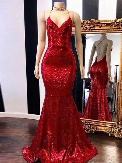 Trumpet/Mermaid V-neck Sequined Sweep Train Prom Dresses #Milly020108040