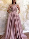 Ball Gown/Princess Floor-length One Shoulder Satin Appliques Lace Prom Dresses #Milly020108041