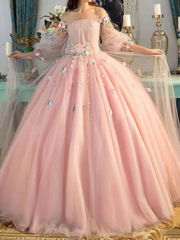 Ball Gown/Princess Floor-length Off-the-shoulder Tulle Flower(s) Prom Dresses #Milly020108051