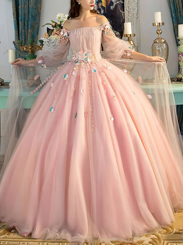 Ball Gown Off-the-shoulder Tulle Floor-length Flower(s) Prom Dresses #Milly020108051