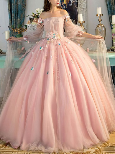 Ball Gown/Princess Floor-length Off-the-shoulder Tulle Flower(s) Prom Dresses #Milly020108051