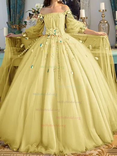 Yellow Off The Shoulder Tulle Flower Prom Dress Yellow Off The Shoulder Tulle Flower Prom Dress