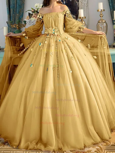 Yellow Off The Shoulder Tulle Flower Prom Dress Yellow Off The Shoulder Tulle Flower Prom Dress
