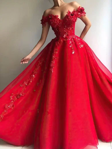 Red Ball Gown Off-the-shoulder Tulle Prom Dresses With Appliques #Milly020108052