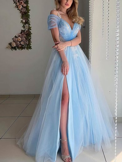 A-line V-neck Tulle Floor-length Appliques Lace Prom Dresses #Milly020108059