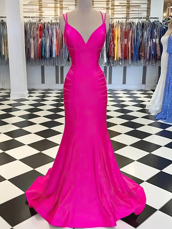 Trumpet/Mermaid V-neck Jersey Sweep Train Ruffles Prom Dresses #Milly020108064