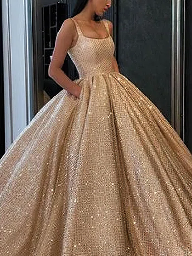 Ball Gown Square Neck Sparkly Sequin Prom Dresses With Ruched #Milly020108068