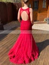 Trumpet/Mermaid V-neck Lace Tulle Sweep Train Appliques Lace Prom Dresses #Milly020108069