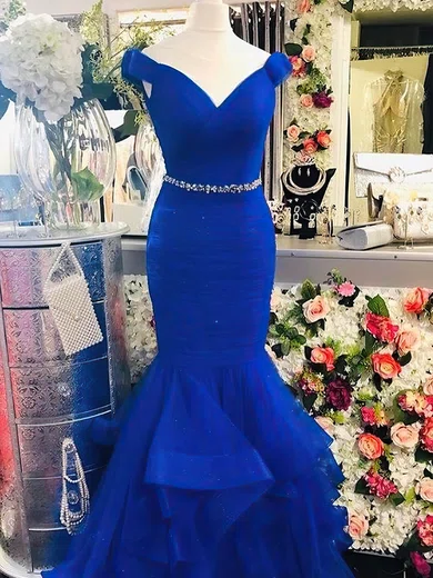 Mermaid V-neck Tulle Ruffle Tiered Prom Dresses With Beading #Milly020108071