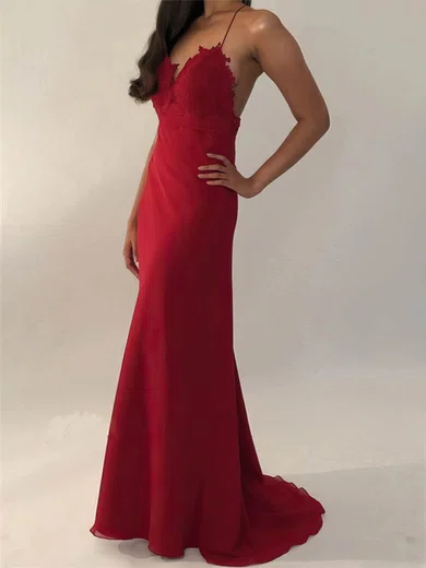 Sheath/Column V-neck Chiffon Sweep Train Appliques Lace Prom Dresses #Milly020108074