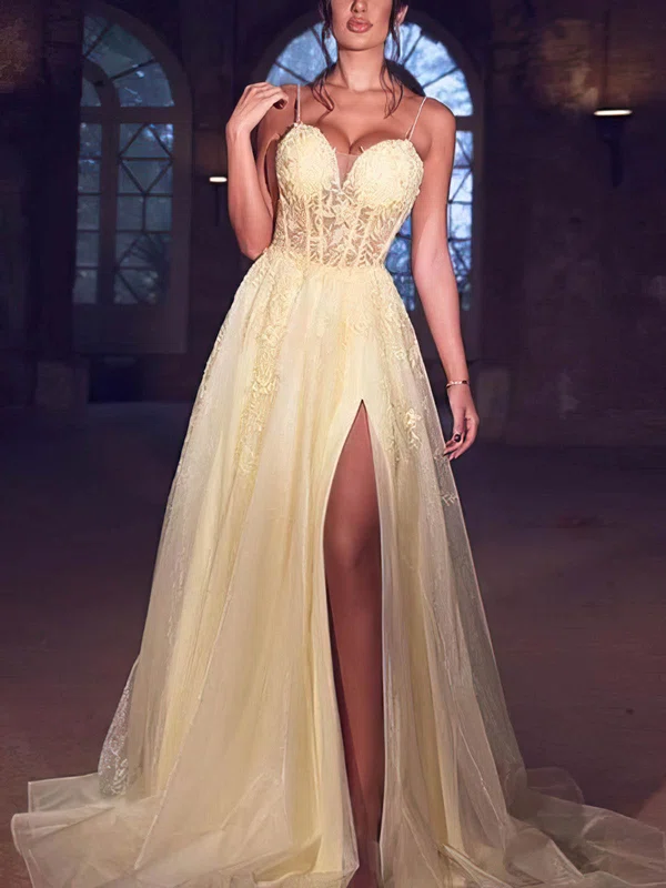 A-line V-neck Tulle Sweep Train Appliques Lace Prom Dresses #Milly020108080