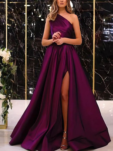 Ball Gown/Princess One Shoulder Satin Sweep Train Prom Dresses With Split Front S020108084