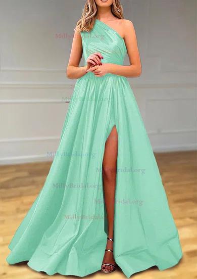 Mint One Shoulder Satin High Low Ruched Prom Dress Mint One Shoulder Satin High Low Ruched Prom Dress